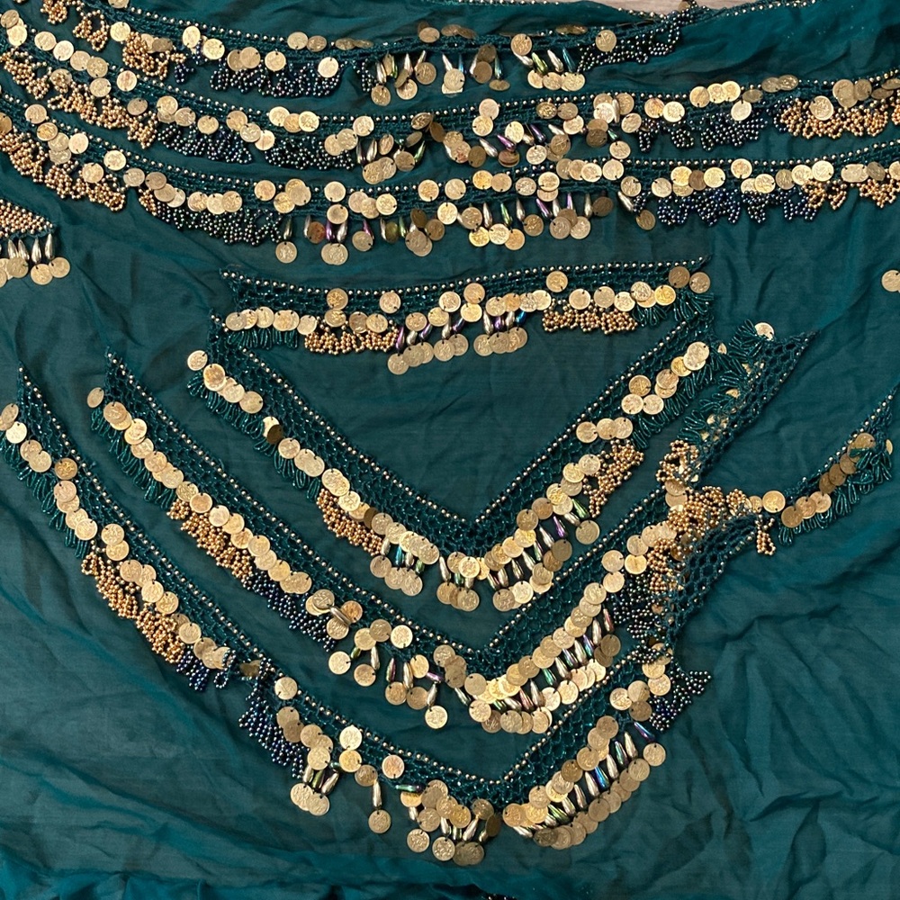 Belly Dance Hip Scarf Teal green with Gold Coins Extra Long